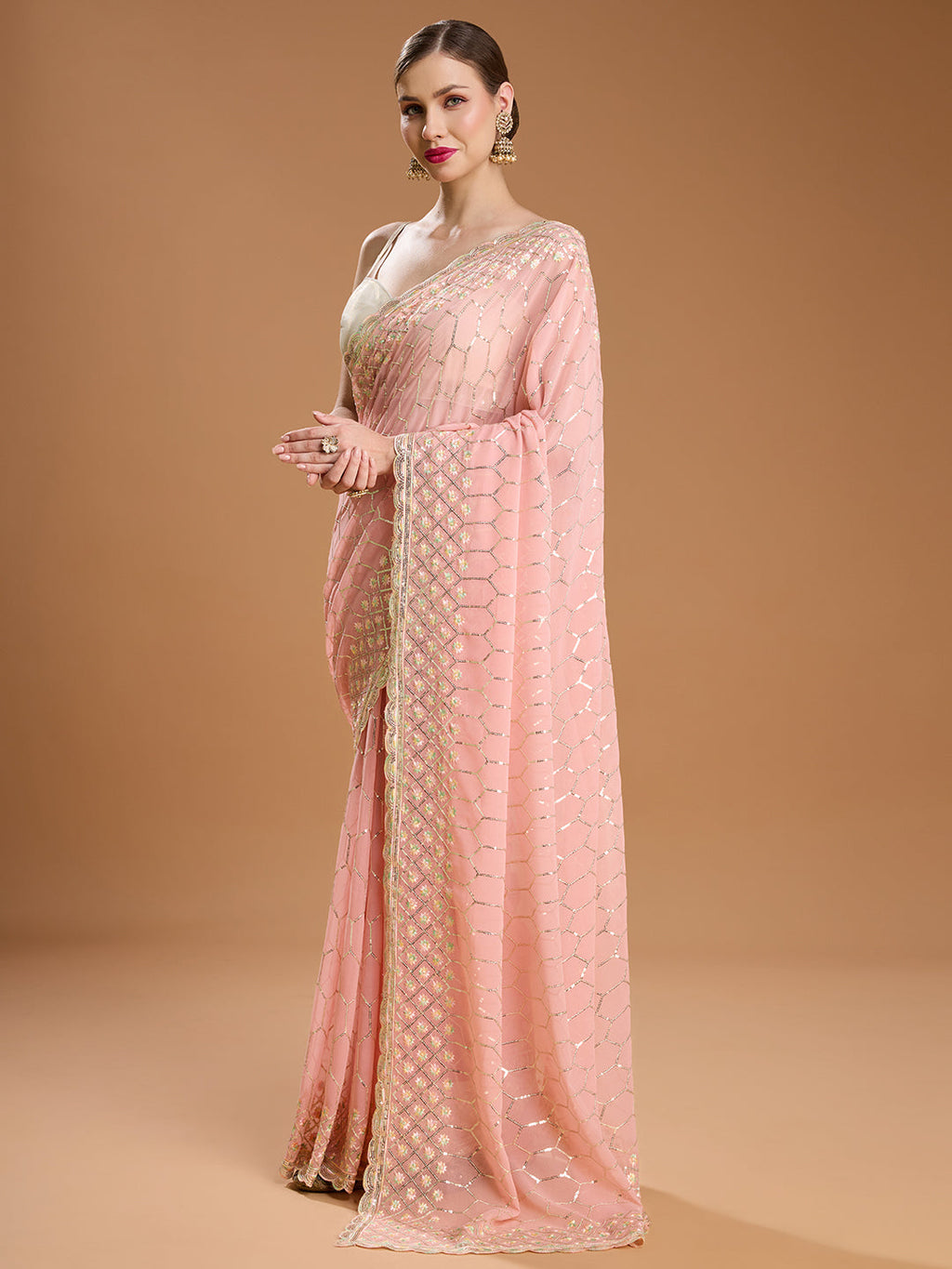 Jyoti Fashion Women's Peach Georgette Sequins Embroidered Designer Saree with Blouse