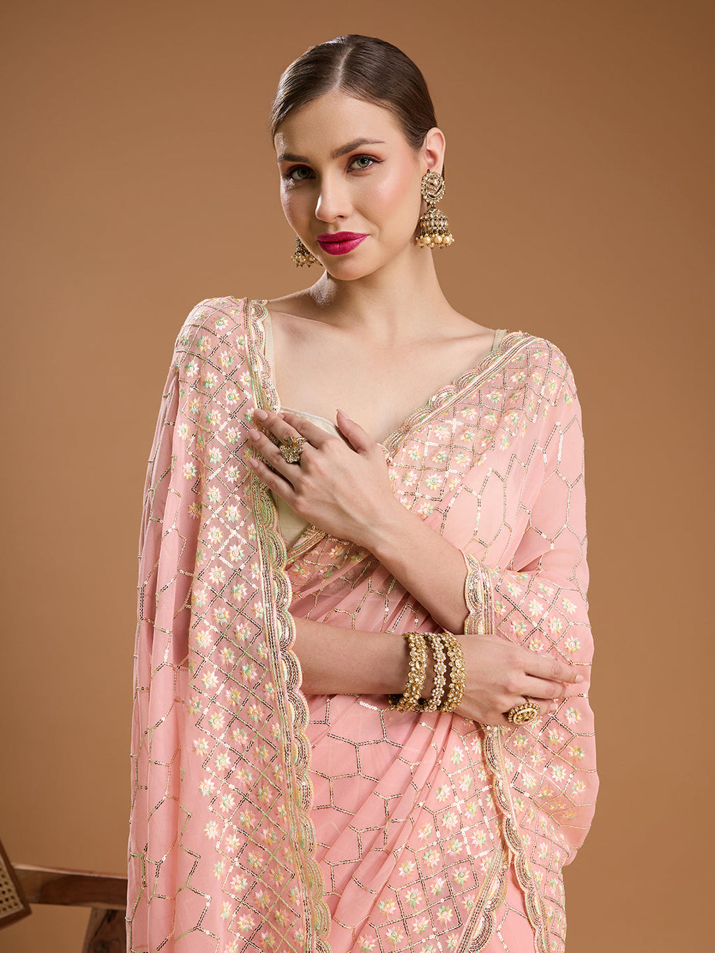 Jyoti Fashion Women's Peach Georgette Sequins Embroidered Designer Saree with Blouse