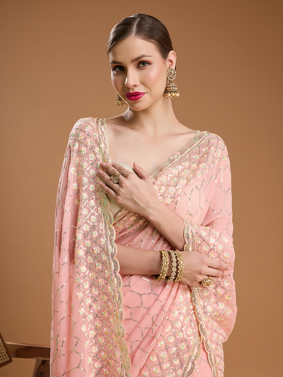 Jyoti Fashion Women's Peach Georgette Sequins Embroidered Designer Saree with Blouse
