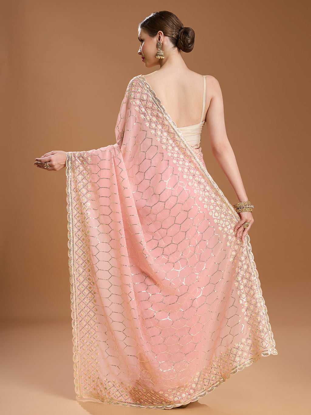 Jyoti Fashion Women's Peach Georgette Sequins Embroidered Designer Saree with Blouse