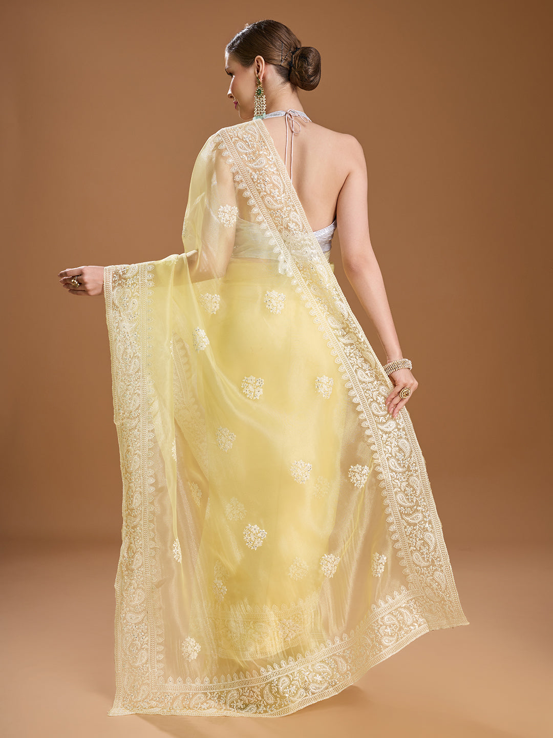 Jyoti Fashion Women's Yellow Net Sequins Embroidered Designer Saree with Blouse