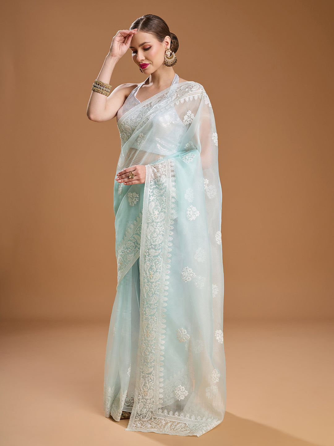 Jyoti Fashion Women's Sky Blue Net Sequins Embroidered Designer Saree with Blouse