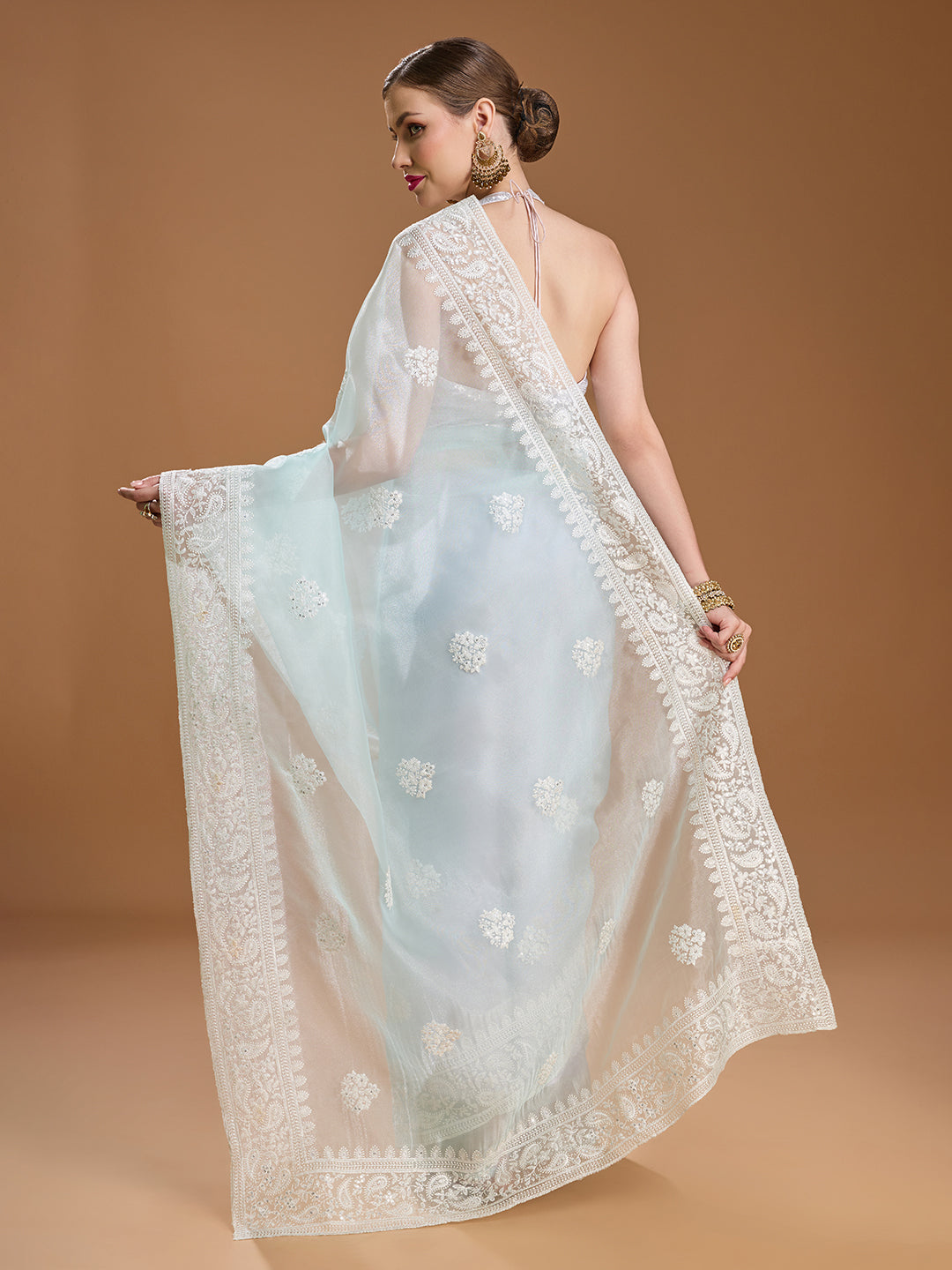 Jyoti Fashion Women's Sky Blue Net Sequins Embroidered Designer Saree with Blouse