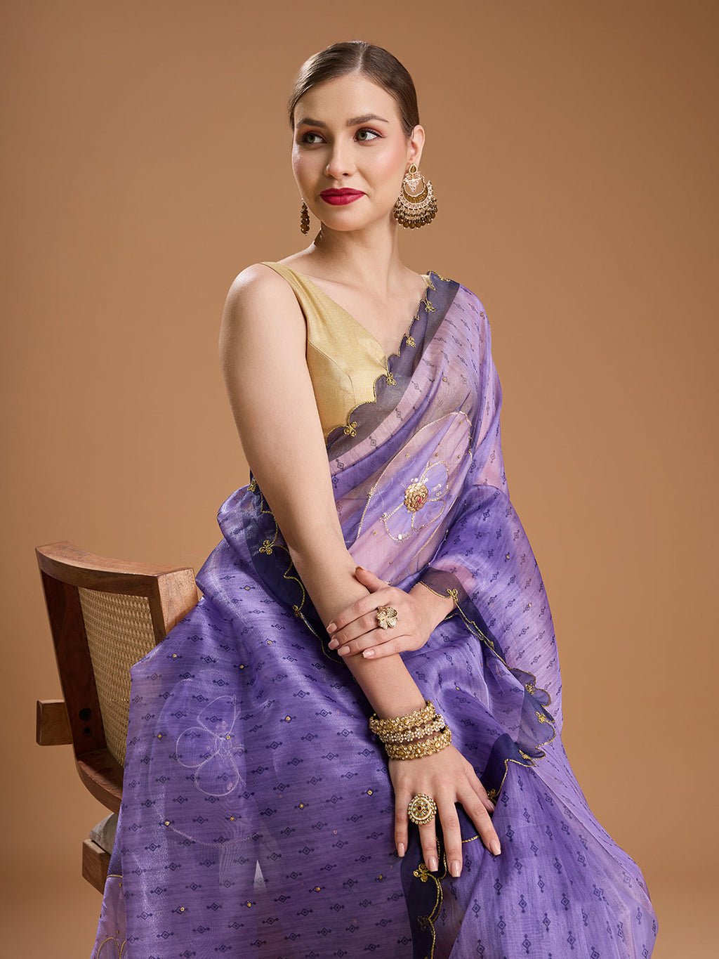 Jyoti Fashion Women's Purple Organza Sequins Embroidered Designer Saree with Blouse