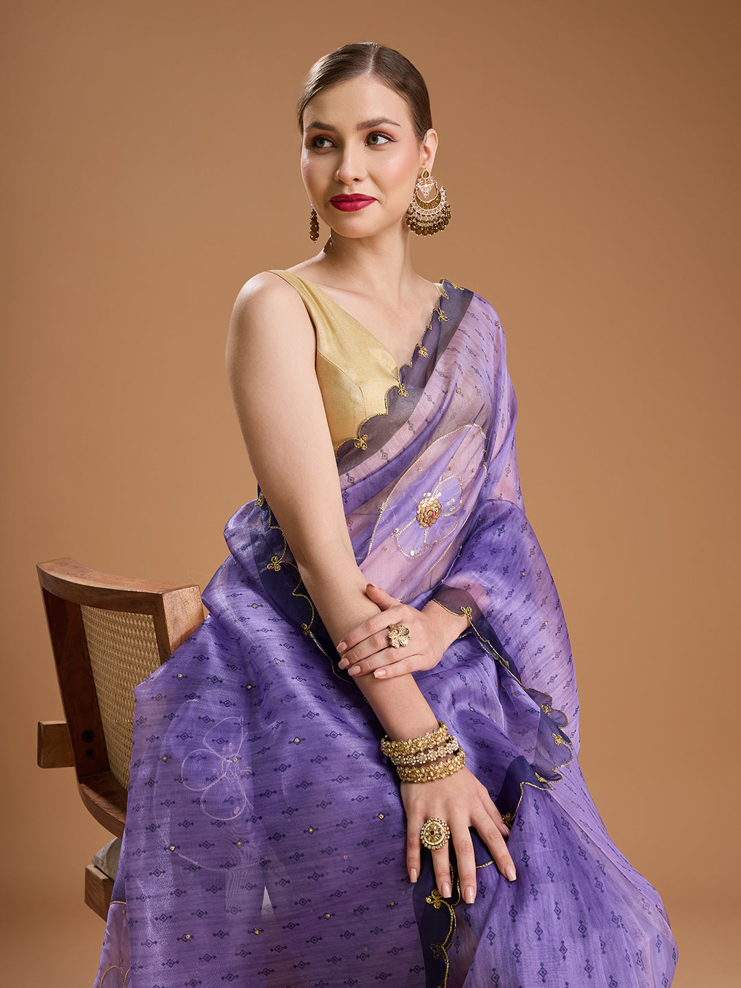 Jyoti Fashion Women's Purple Organza Sequins Embroidered Designer Saree with Blouse
