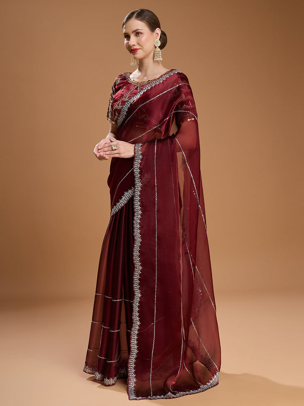 Jyoti Fashion Women's Brown Jimmy Choo Sequins Embroidered Designer Saree with Blouse