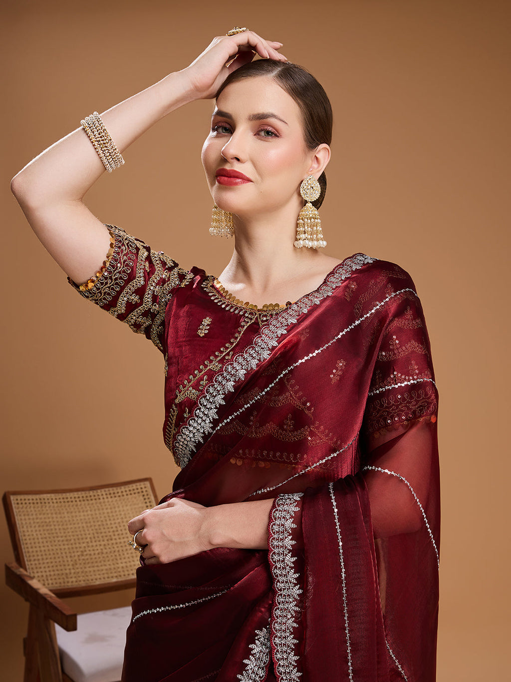 Jyoti Fashion Women's Brown Jimmy Choo Sequins Embroidered Designer Saree with Blouse