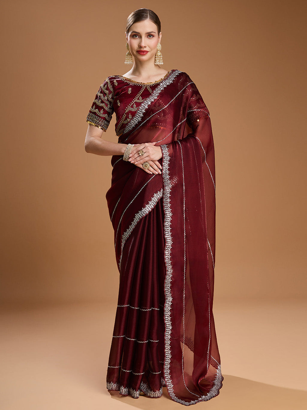 Jyoti Fashion Women's Brown Jimmy Choo Sequins Embroidered Designer Saree with Blouse