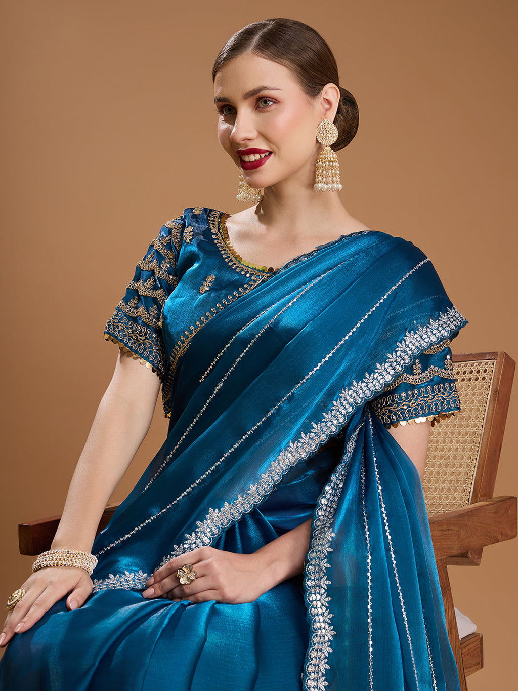 Jyoti Fashion Women's Teal Jimmy Choo Sequins Embroidered Designer Saree with Blouse