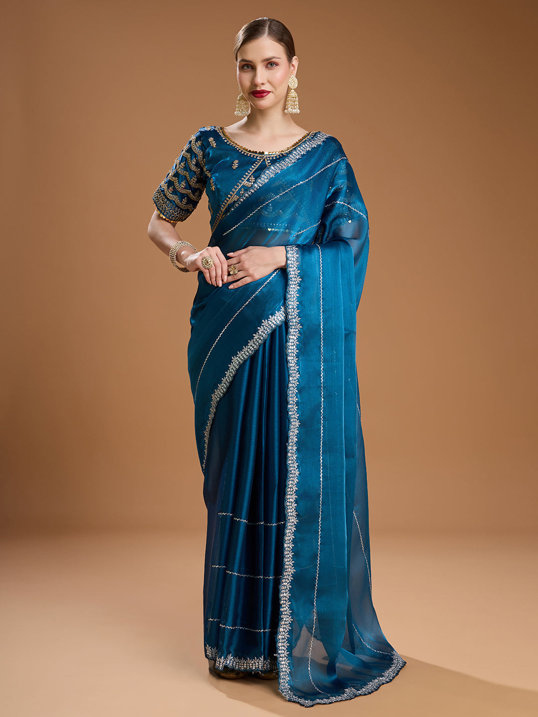 Jyoti Fashion Women's Teal Jimmy Choo Sequins Embroidered Designer Saree with Blouse