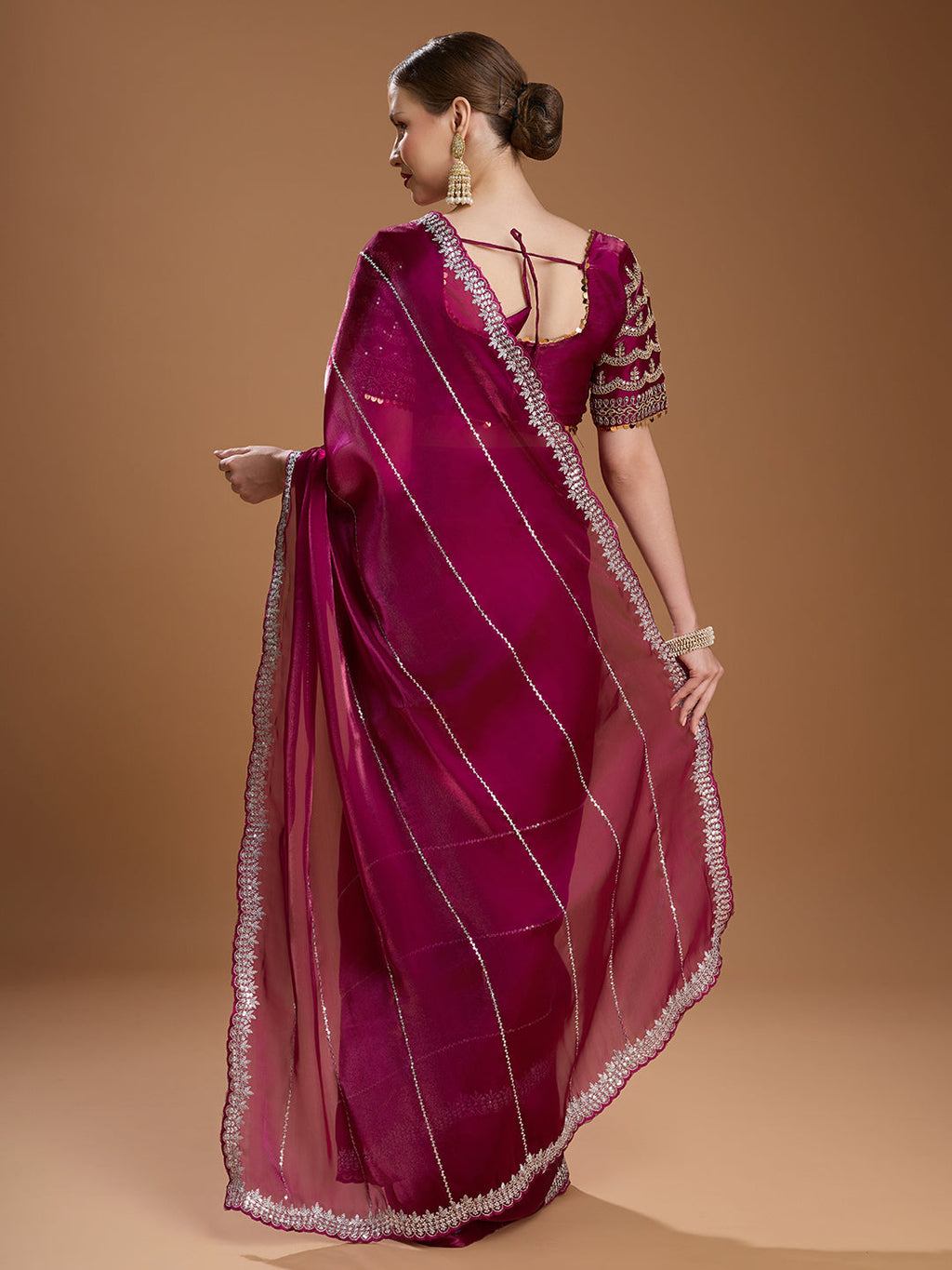 Jyoti Fashion Women's Wine Jimmy Choo Sequins Embroidered Designer Saree with Blouse