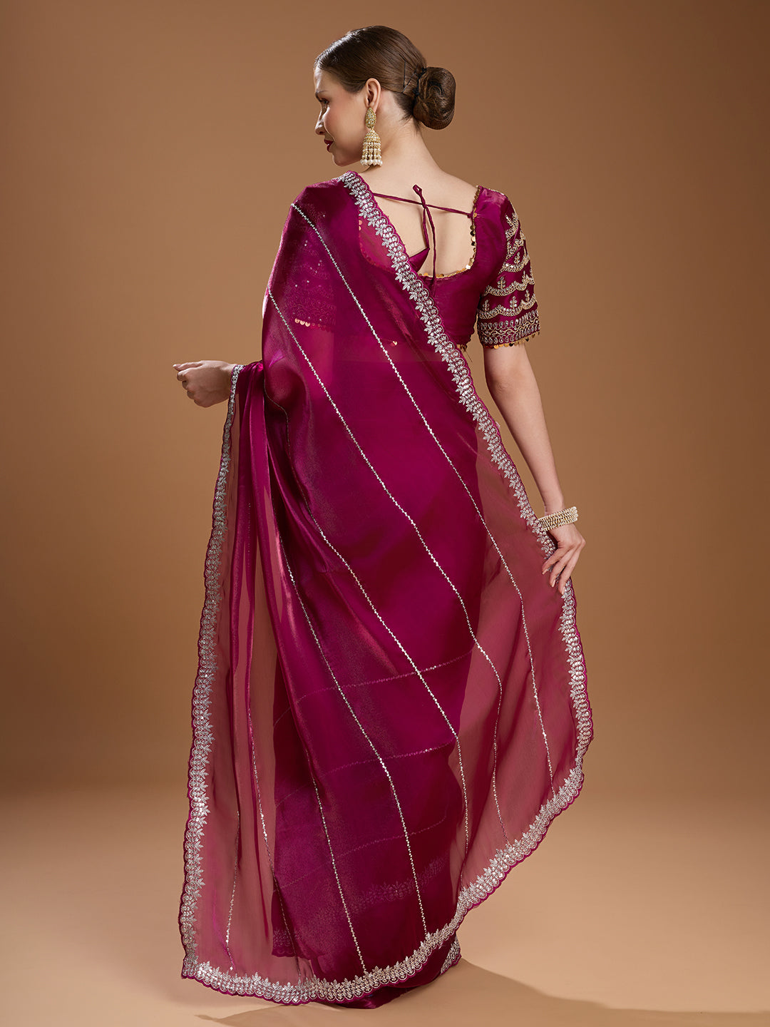 Jyoti Fashion Women's Wine Jimmy Choo Sequins Embroidered Designer Saree with Blouse