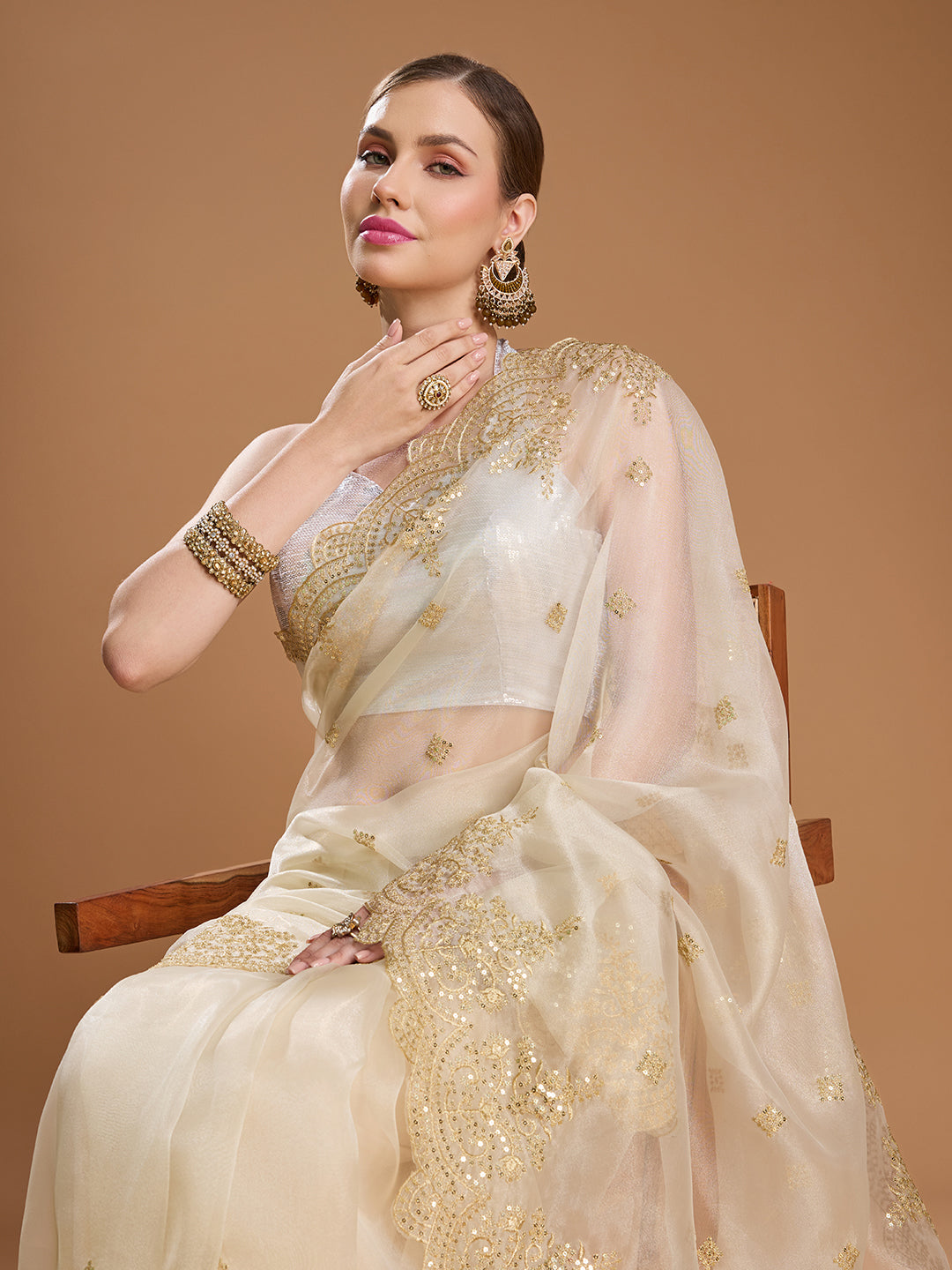 Jyoti Fashion Women's Cream Net Sequins Embroidered Designer Saree with Blouse