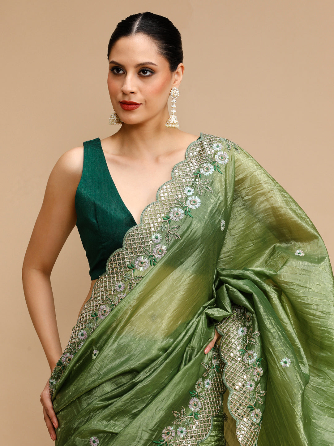 Jyoti Fashion Women's Mehendi Art Silk Sequins Embroidered Designer Saree with Blouse
