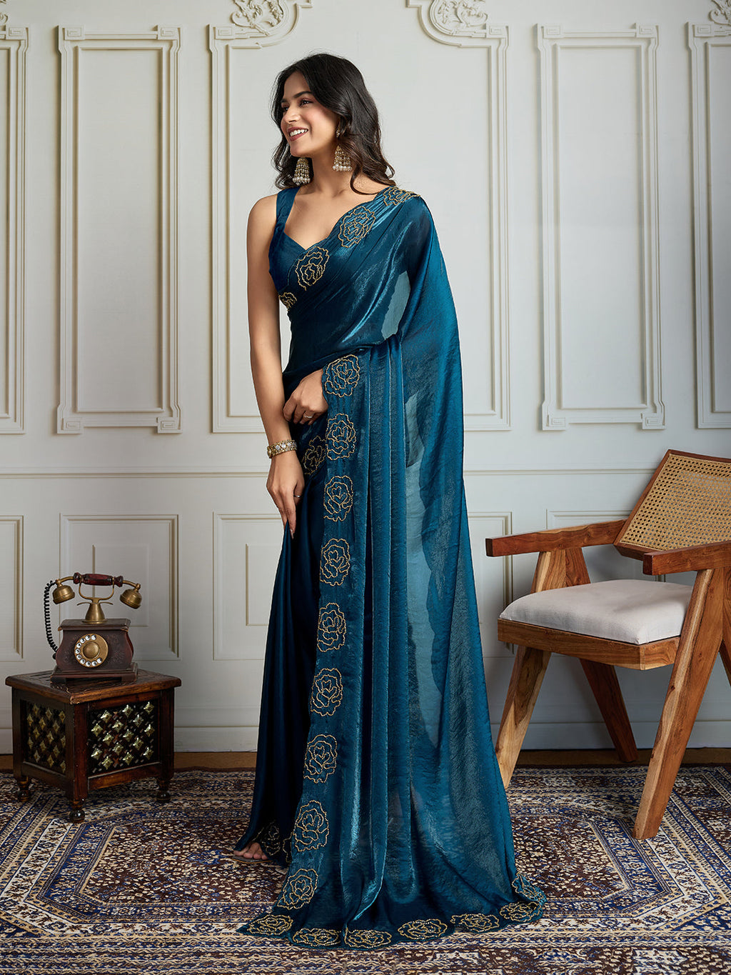 Jyoti Fashion Women's Morpich Fandy Satin Handwork Designer Saree with Blouse