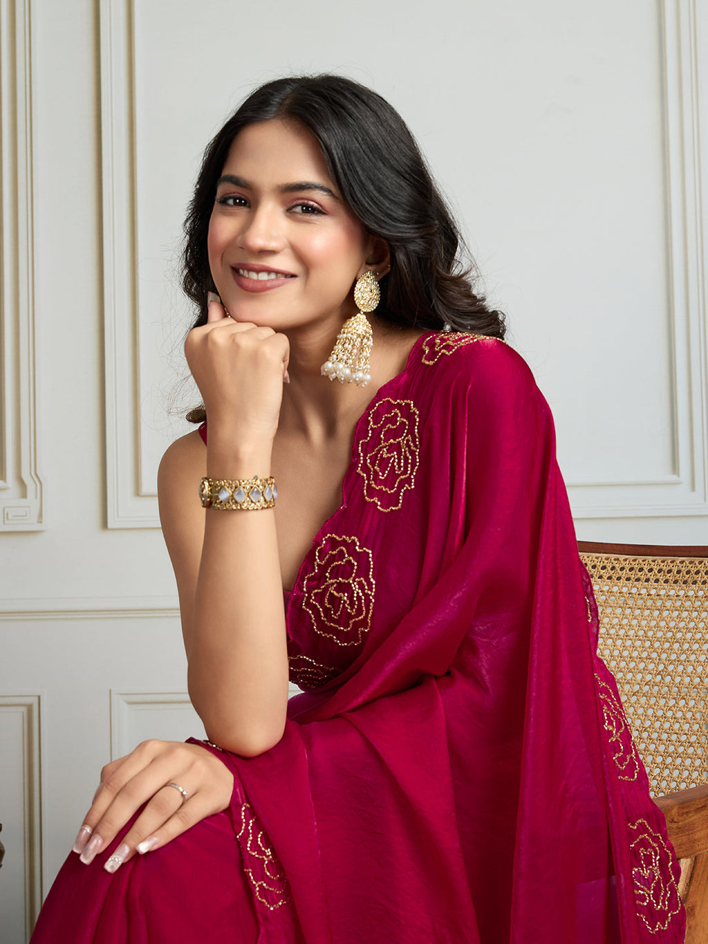 Jyoti Fashion Women's Rani Pink Fandy Satin Handwork Designer Saree with Blouse