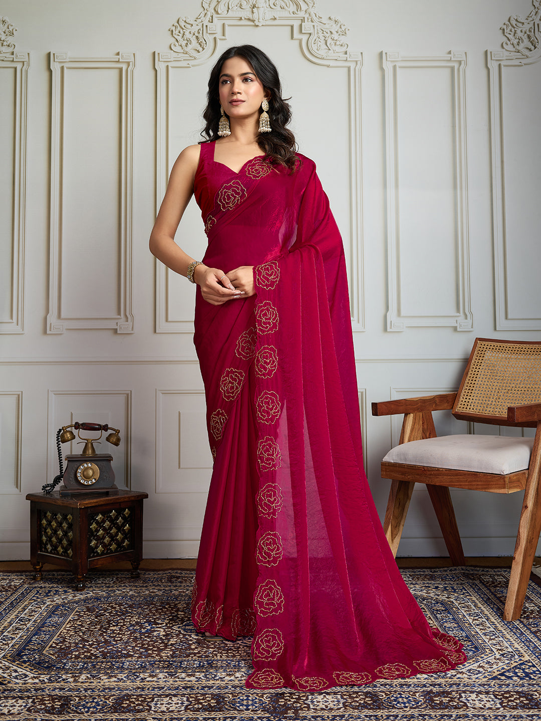 Jyoti Fashion Women's Rani Pink Fandy Satin Handwork Designer Saree with Blouse