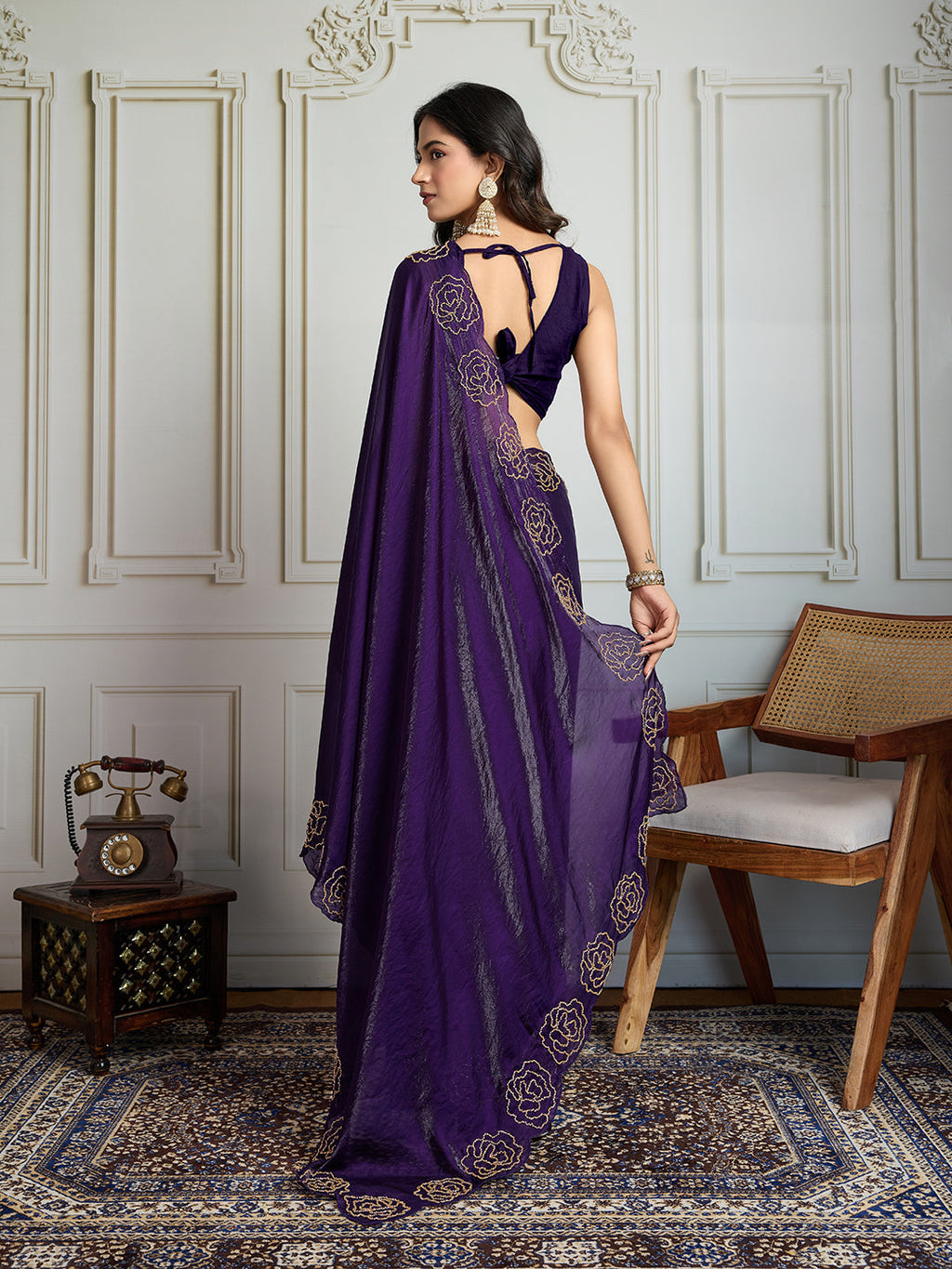 Jyoti Fashion Women's Purple Fandy Satin Handwork Designer Saree with Blouse