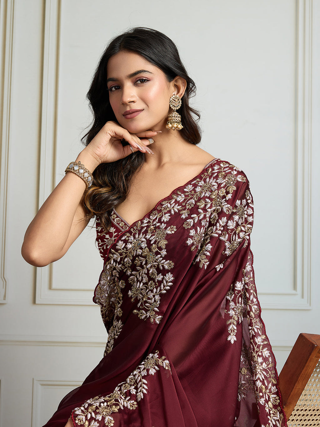 Jyoti Fashion Women's Maroon Rangoli Silk Embroidered Designer Saree with Blouse