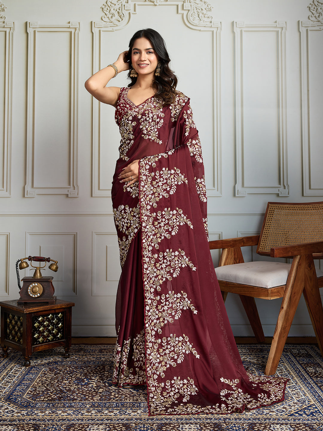 Jyoti Fashion Women's Maroon Rangoli Silk Embroidered Designer Saree with Blouse