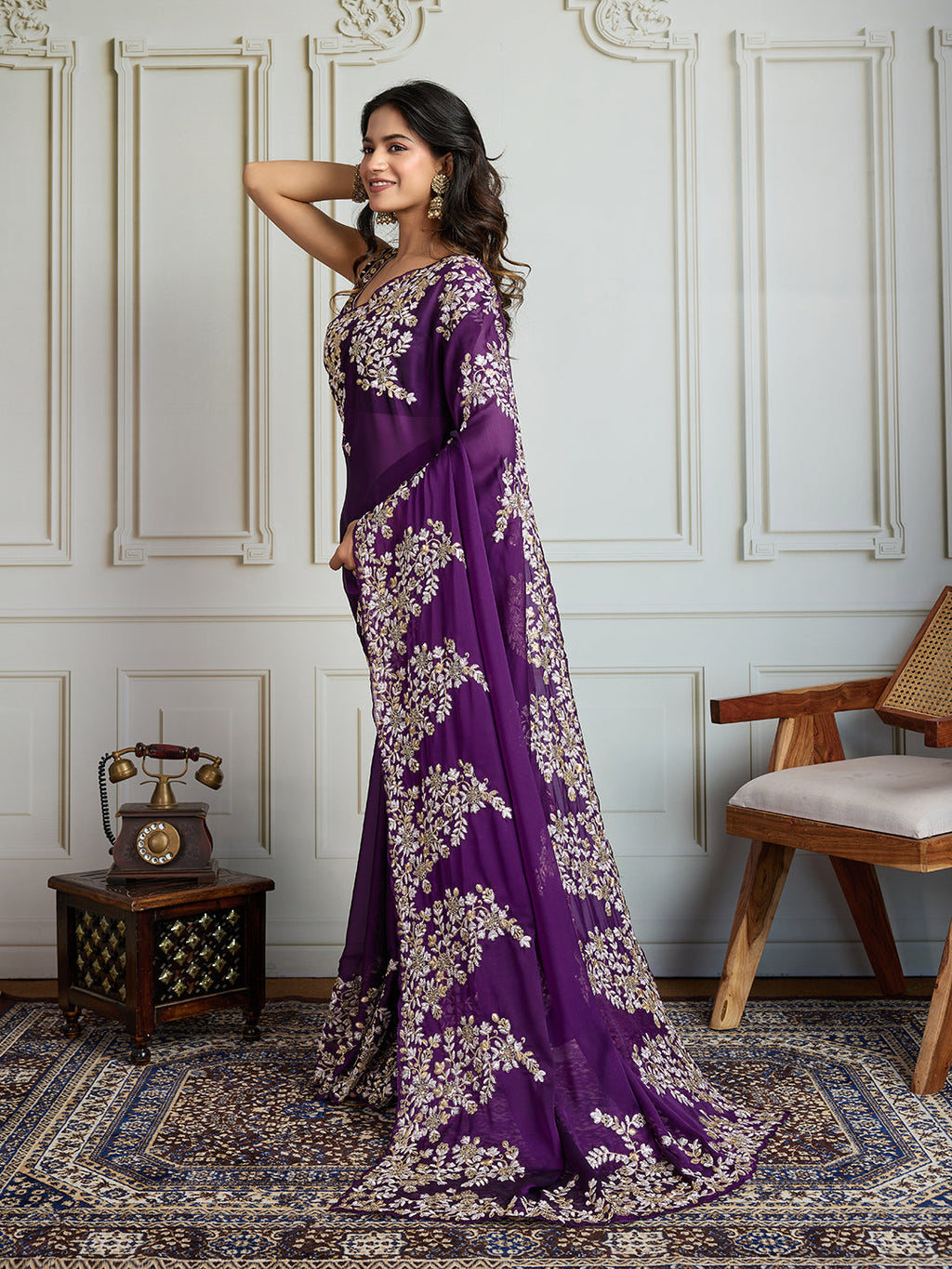 Jyoti Fashion Women's Purple Rangoli Silk Embroidered Designer Saree with Blouse
