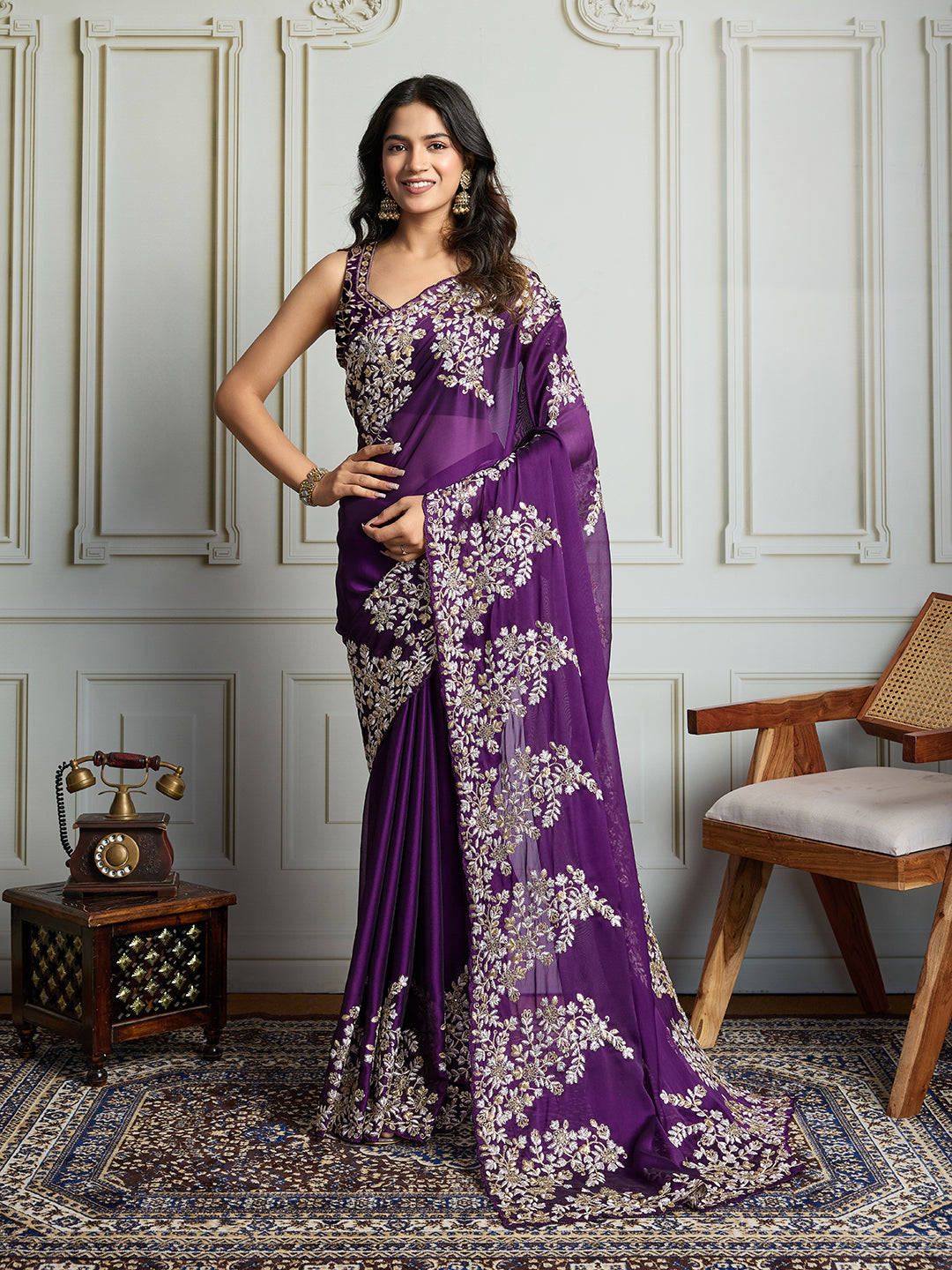 Jyoti Fashion Women's Purple Rangoli Silk Embroidered Designer Saree with Blouse