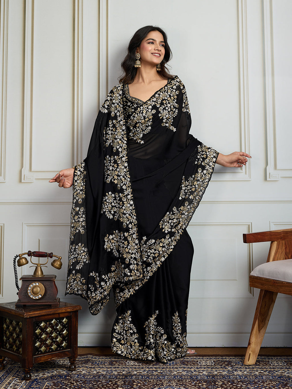 Jyoti Fashion Women's Black Rangoli Silk Embroidered Designer Saree with Blouse