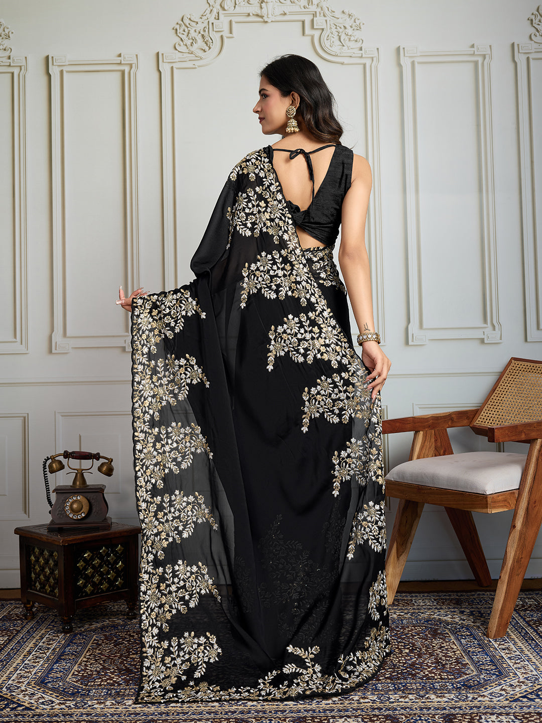 Jyoti Fashion Women's Black Rangoli Silk Embroidered Designer Saree with Blouse