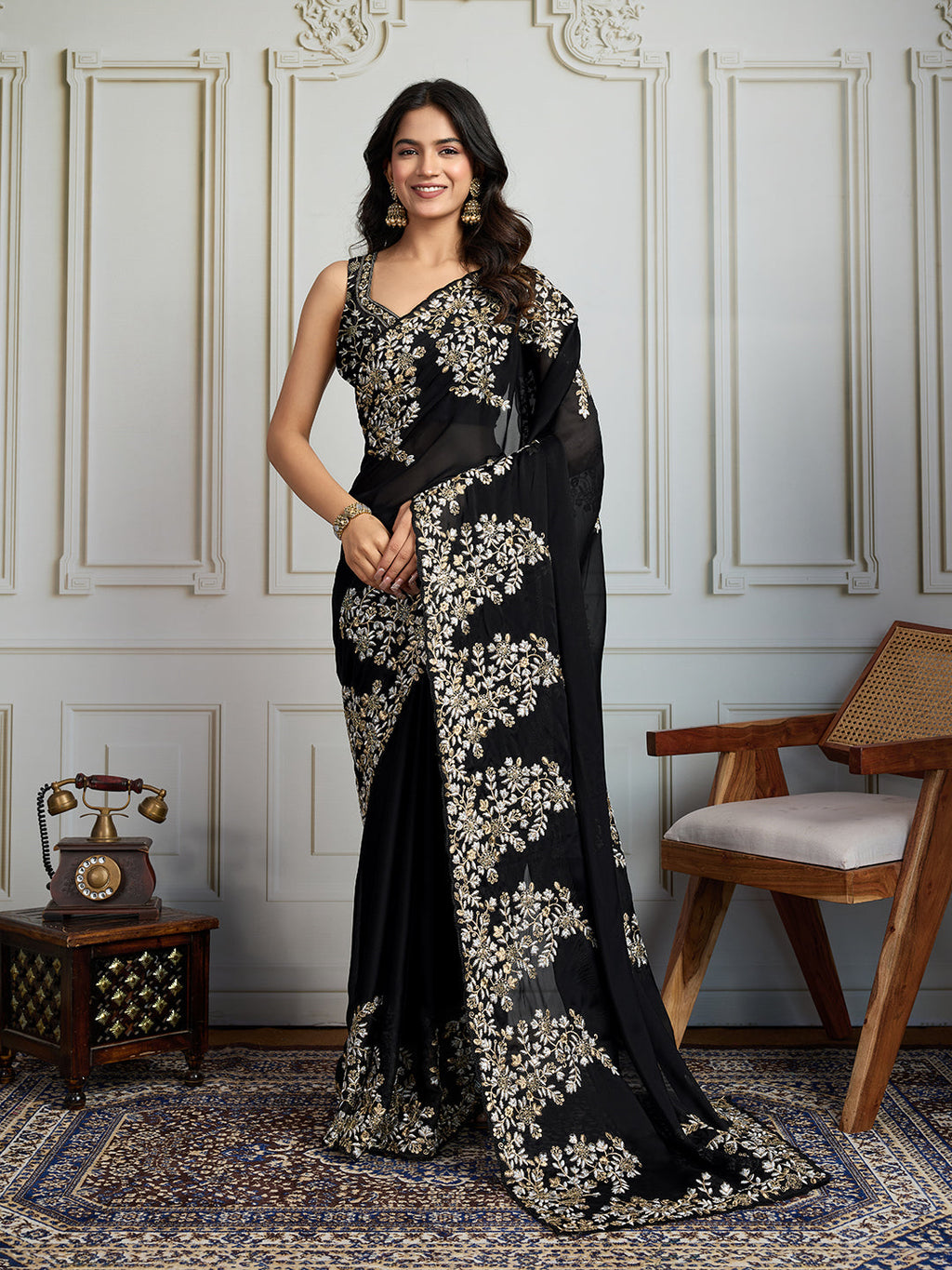 Jyoti Fashion Women's Black Rangoli Silk Embroidered Designer Saree with Blouse