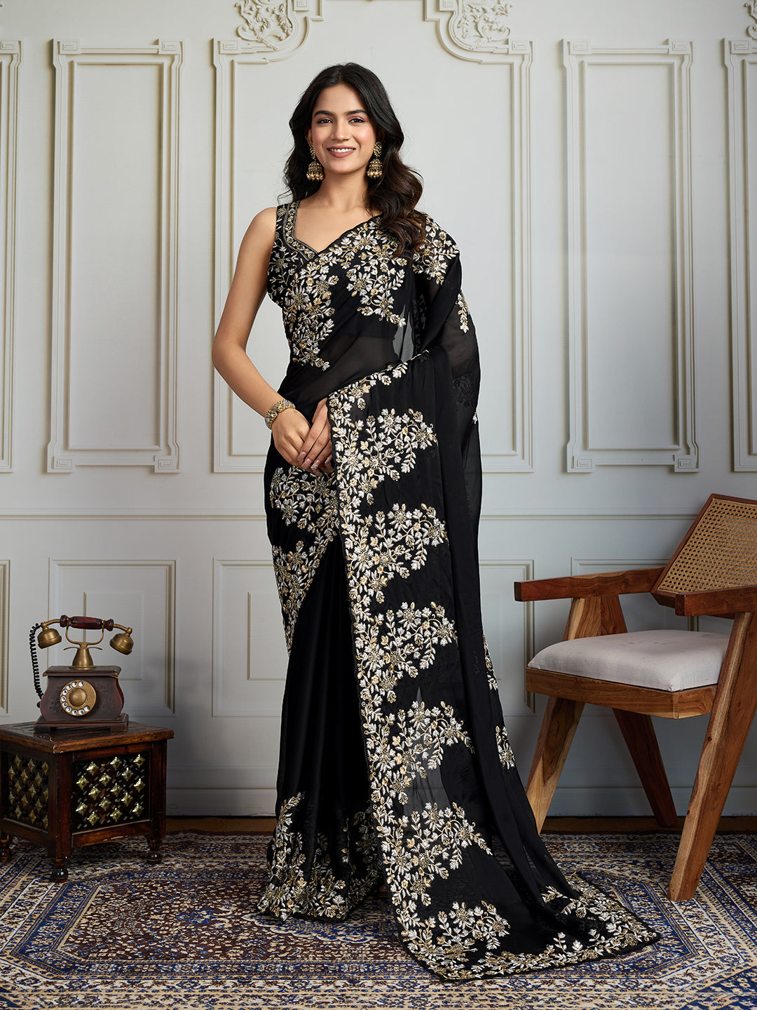 Jyoti Fashion Women's Black Rangoli Silk Embroidered Designer Saree with Blouse