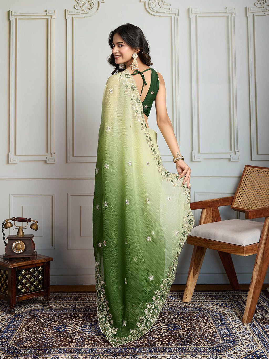 Jyoti Fashion Women's Green Soft Crush Embroidered Designer Saree with Blouse