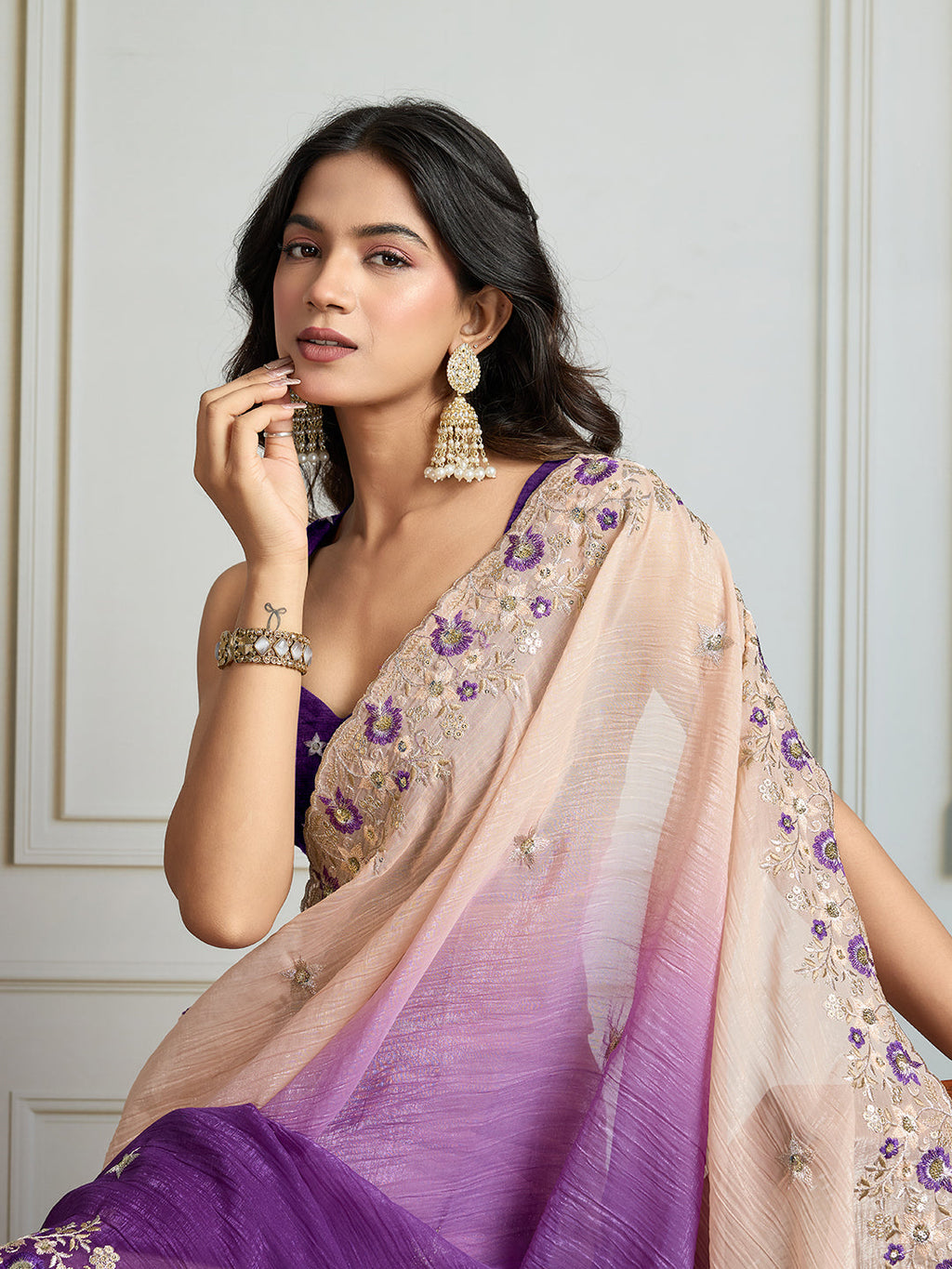 Jyoti Fashion Women's Purple Soft Crush Embroidered Designer Saree with Blouse