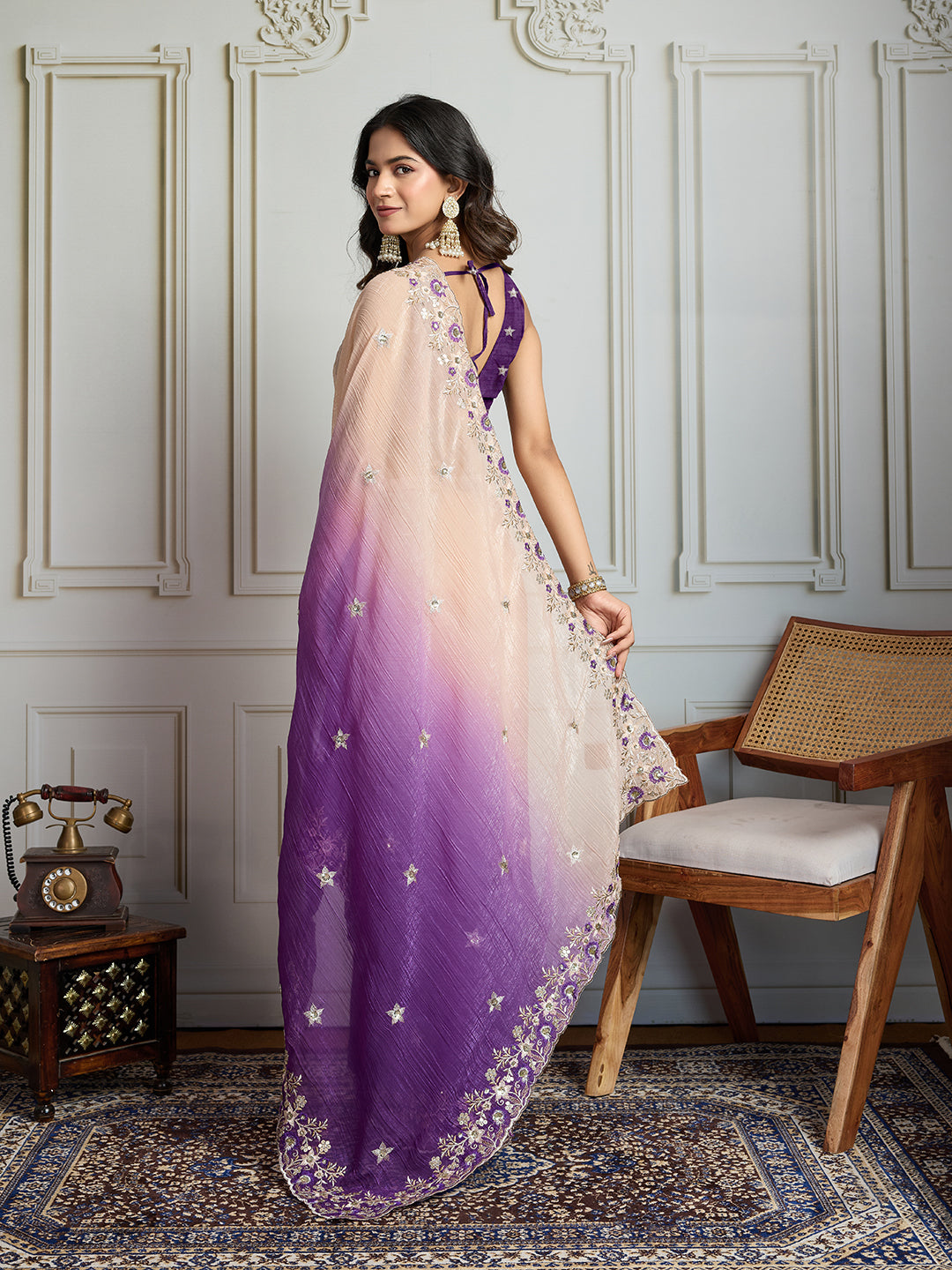 Jyoti Fashion Women's Purple Soft Crush Embroidered Designer Saree with Blouse
