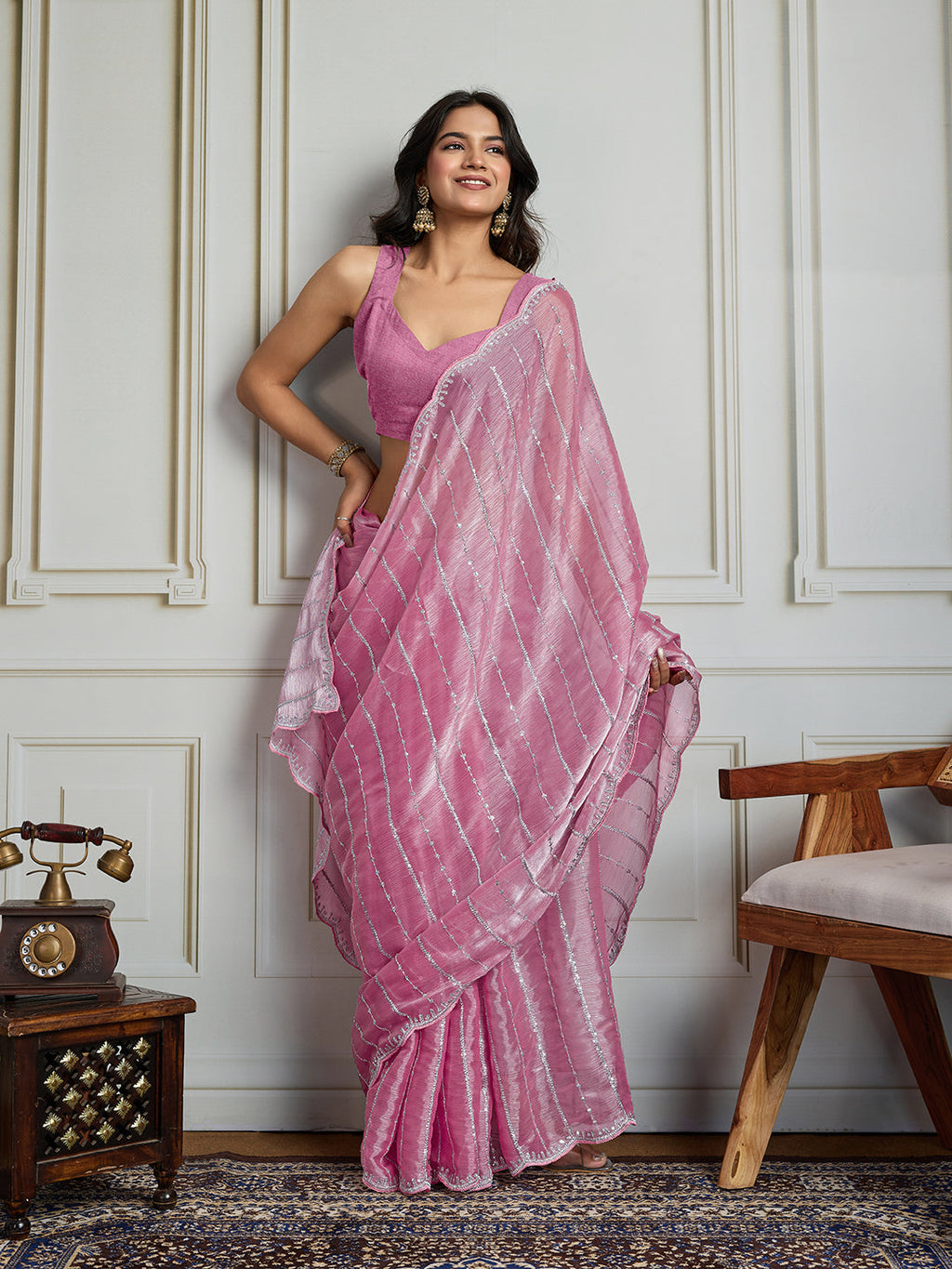 Jyoti Fashion Women's Pink Chiffon Silk Sequins Designer Saree with Blouse