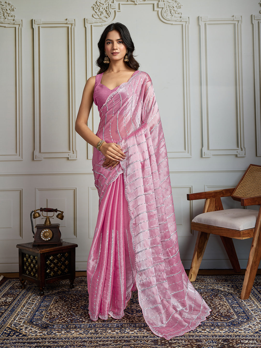 Jyoti Fashion Women's Pink Chiffon Silk Sequins Designer Saree with Blouse