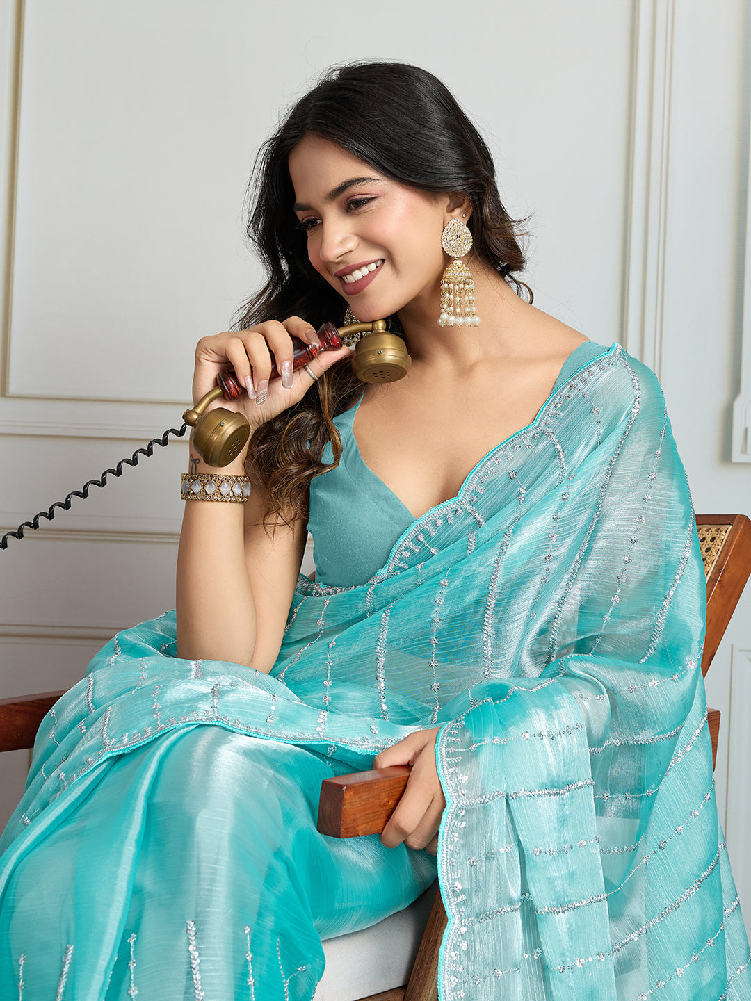 Jyoti Fashion Women's Sky Blue Chiffon Silk Sequins Designer Saree with Blouse