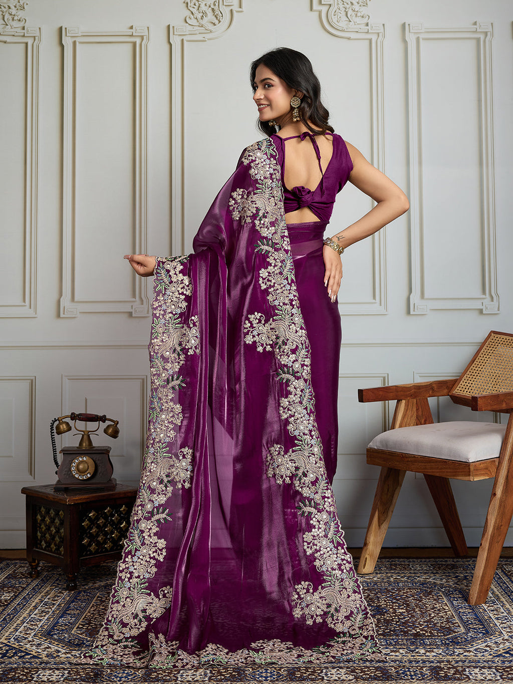 Jyoti Fashion Women's Wine Jimmy Choo Silk Embroidered Designer Saree with Blouse