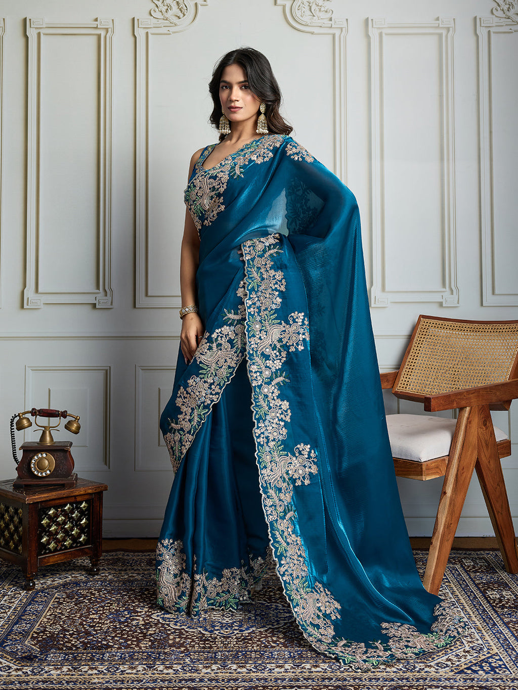 Jyoti Fashion Women's Teal Jimmy Choo Silk Embroidered Designer Saree with Blouse