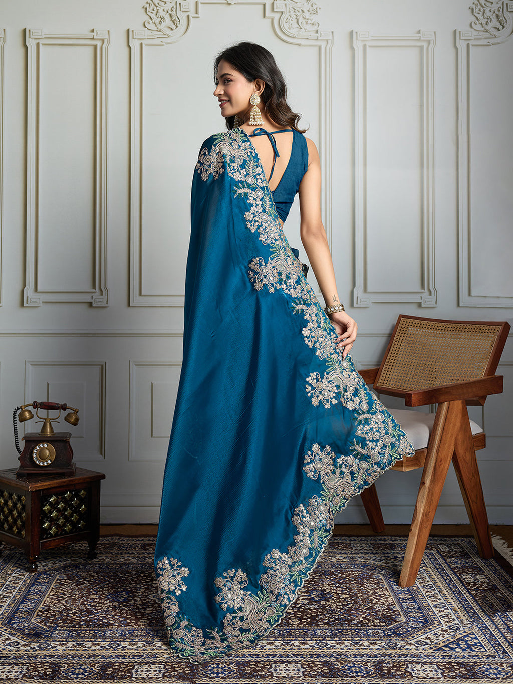 Jyoti Fashion Women's Teal Jimmy Choo Silk Embroidered Designer Saree with Blouse