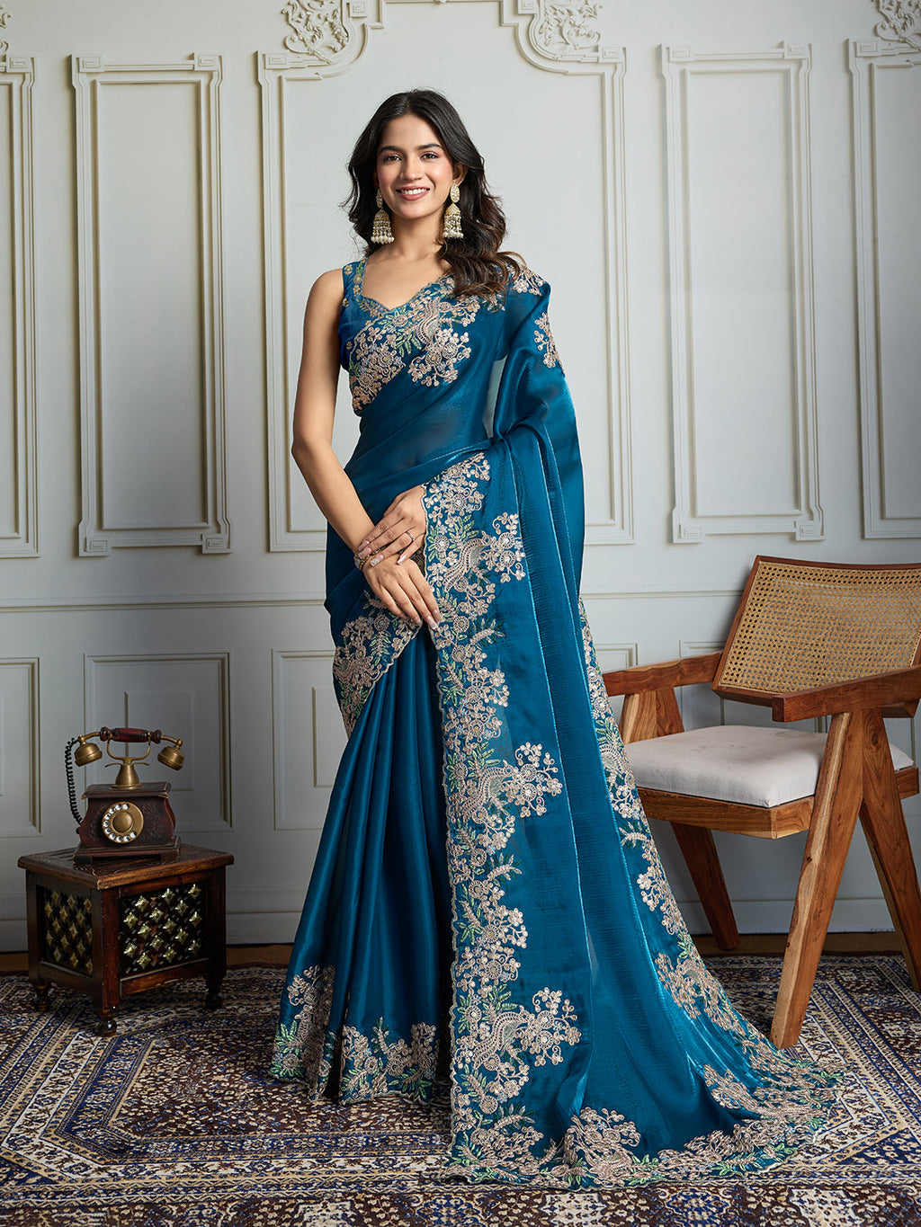 Jyoti Fashion Women's Teal Jimmy Choo Silk Embroidered Designer Saree with Blouse