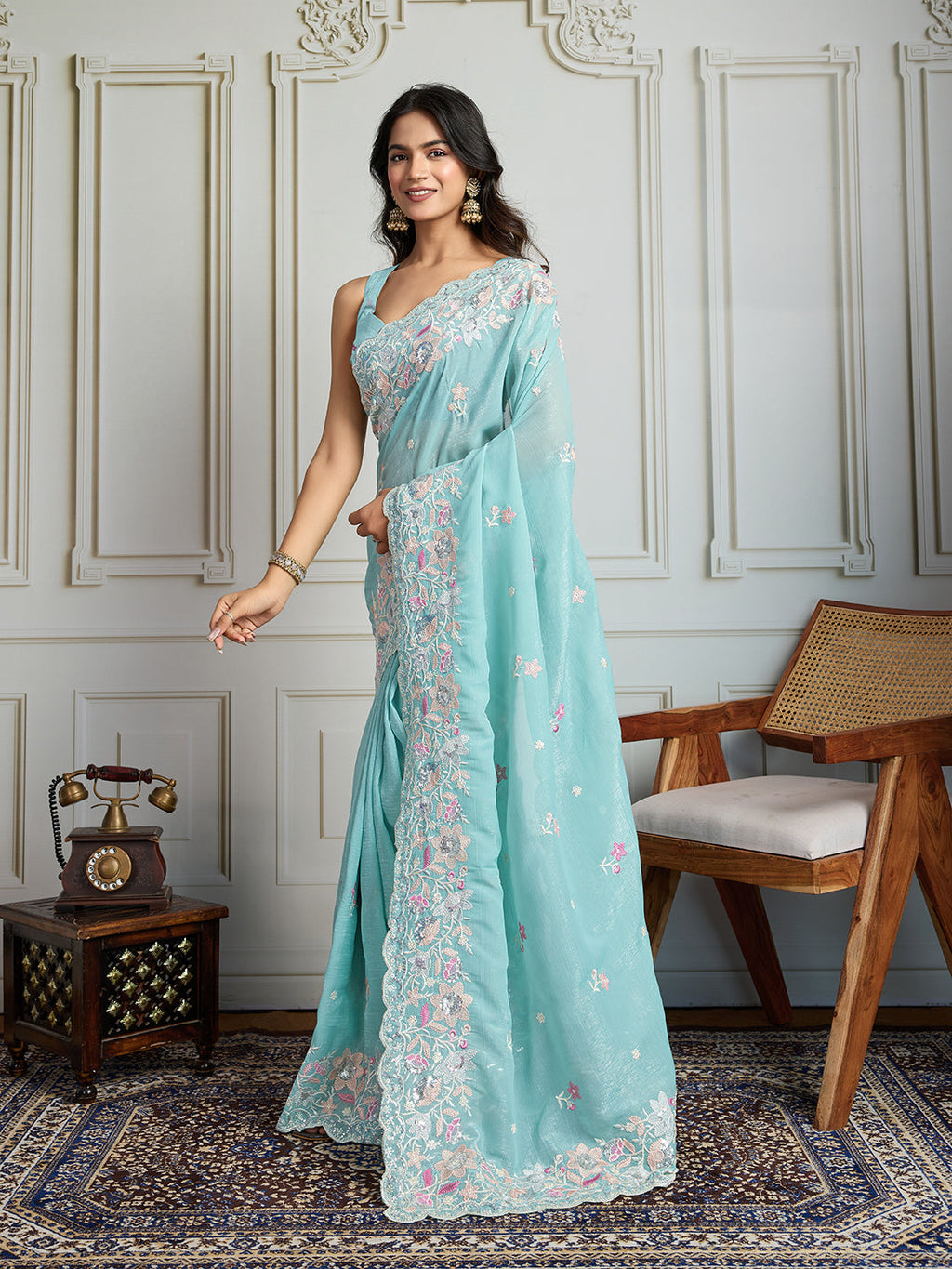 Jyoti Fashion Women's Sky Blue Semi Georgette Embroidered Designer Saree with Blouse