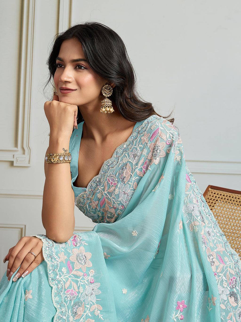 Jyoti Fashion Women's Sky Blue Semi Georgette Embroidered Designer Saree with Blouse