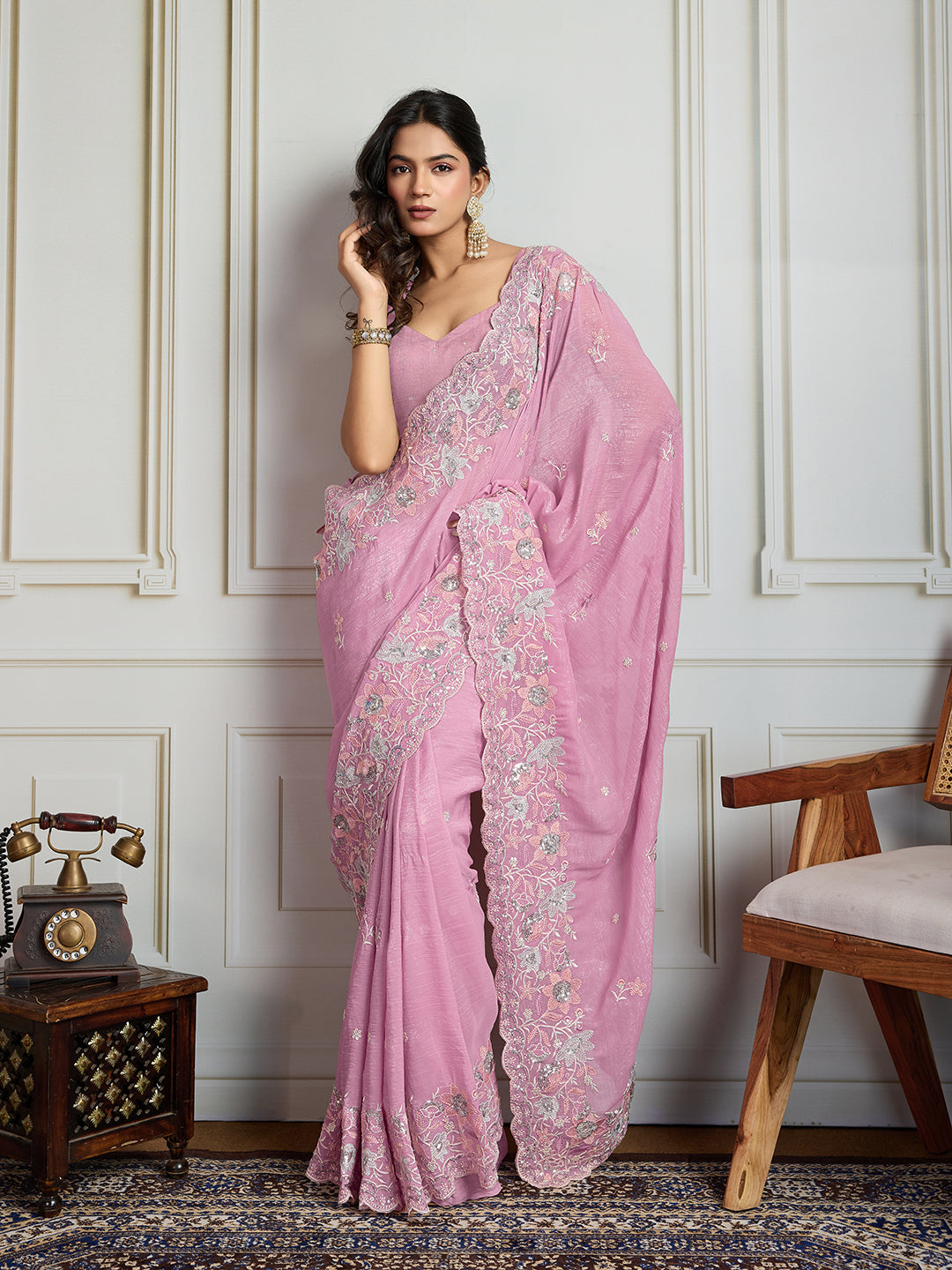 Jyoti Fashion Women's Pink Semi Georgette Embroidered Designer Saree with Blouse