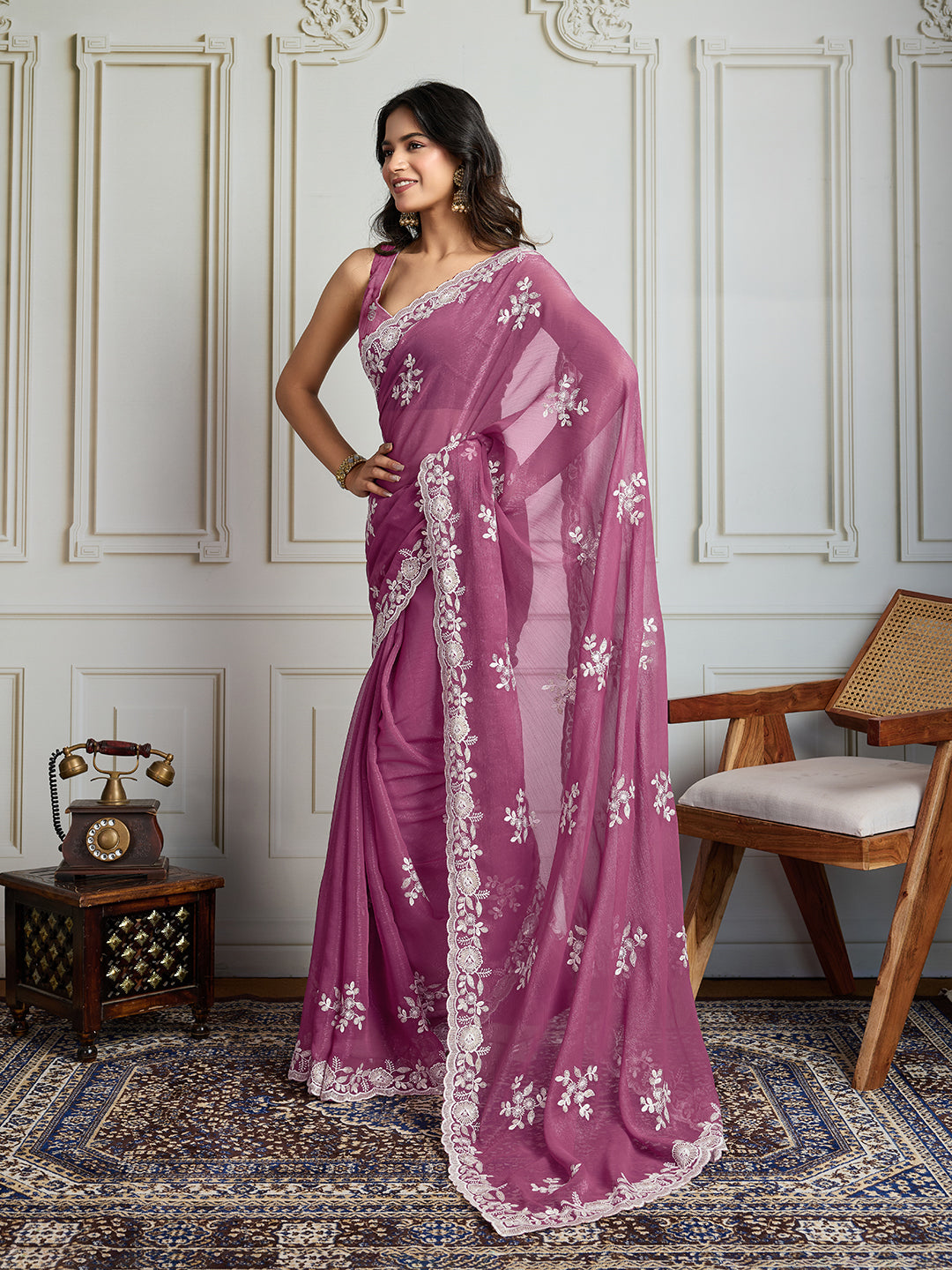 Jyoti Fashion Women's Onion Semi Georgette Embroidered Designer Saree with Blouse