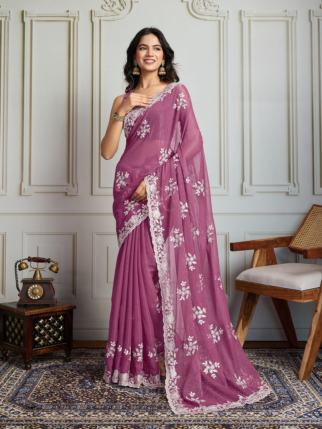 Jyoti Fashion Women's Onion Semi Georgette Embroidered Designer Saree with Blouse