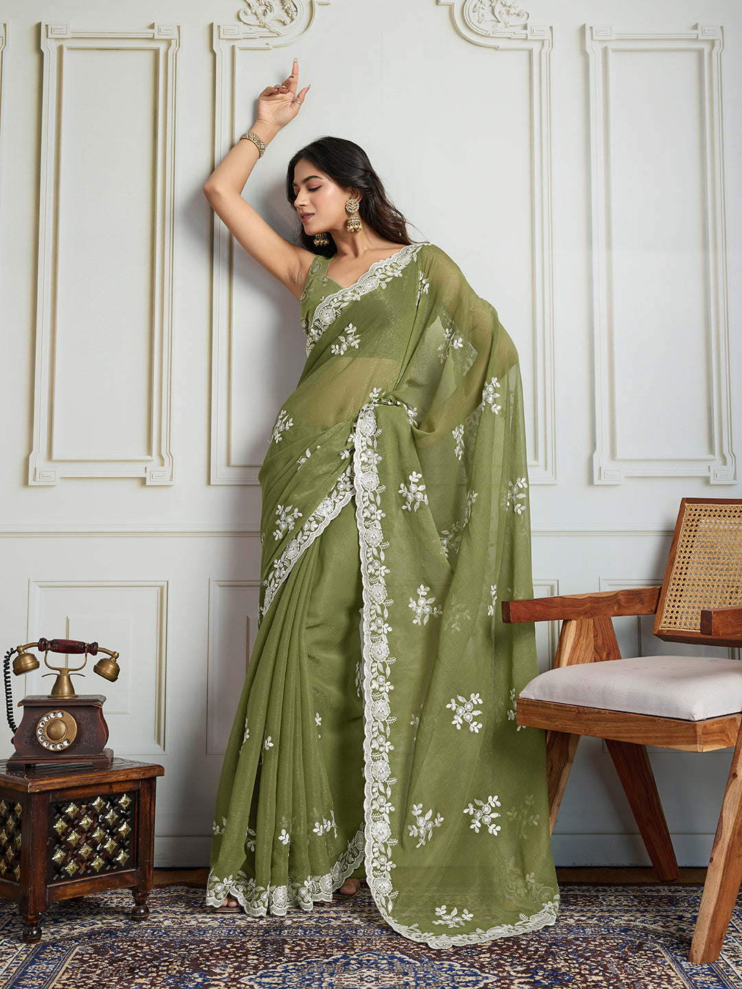 Jyoti Fashion Women's Olive Green Semi Georgette Embroidered Designer Saree with Blouse