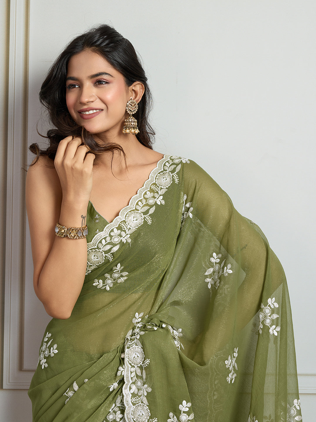 Jyoti Fashion Women's Olive Green Semi Georgette Embroidered Designer Saree with Blouse