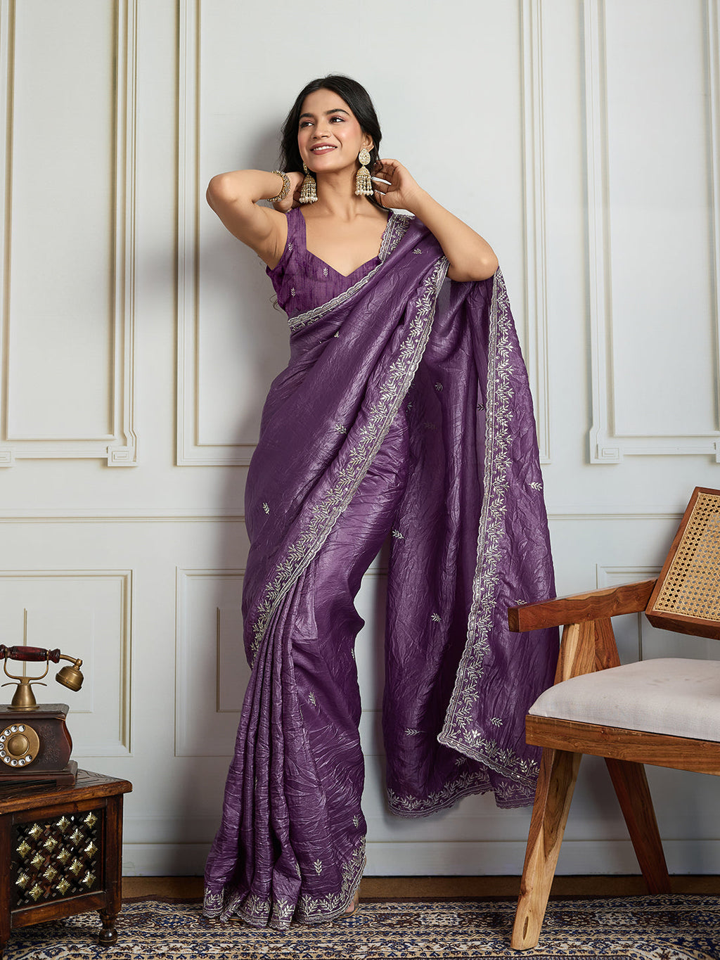 Jyoti Fashion Women's Purple Gold Crush Embroidered Designer Saree with Blouse