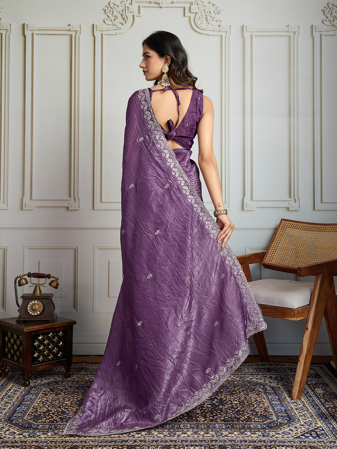 Jyoti Fashion Women's Purple Gold Crush Embroidered Designer Saree with Blouse