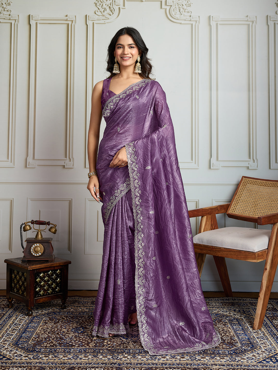 Jyoti Fashion Women's Purple Gold Crush Embroidered Designer Saree with Blouse